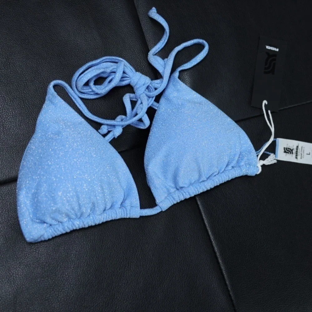 New RSQ metallic blue sparkly shimmery lined triangle bikini festival top, Large